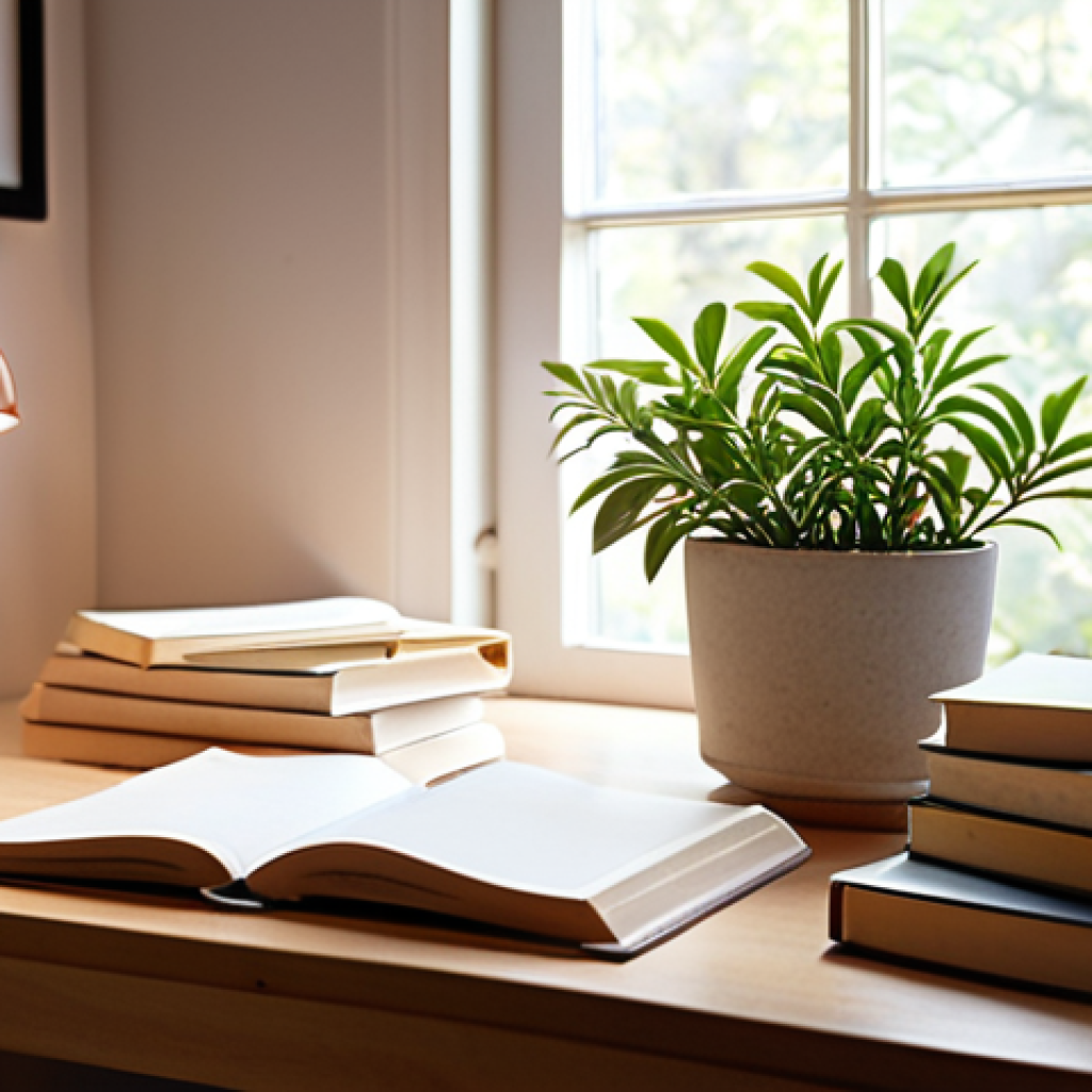 **

A brightly lit, clean, and organized study space. A student is studying with focus. A small plant is on the desk, along with a lamp providing soft light. Open books, neat stacks of paper, and a few pens are visible. The overall mood is calm and conducive to concentration.

**