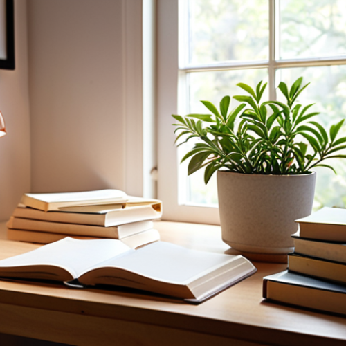 Home 4 **
A brightly lit, clean, and organized study space. A student is studying with focus. A small plant is on the desk, along with a lamp providing soft light. Open books, neat stacks of paper, and a few pens are visible. The overall mood is calm and conducive to concentration.
**
