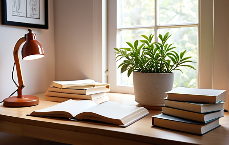 **
A brightly lit, clean, and organized study space. A student is studying with focus. A small plant is on the desk, along with a lamp providing soft light. Open books, neat stacks of paper, and a few pens are visible. The overall mood is calm and conducive to concentration.
**